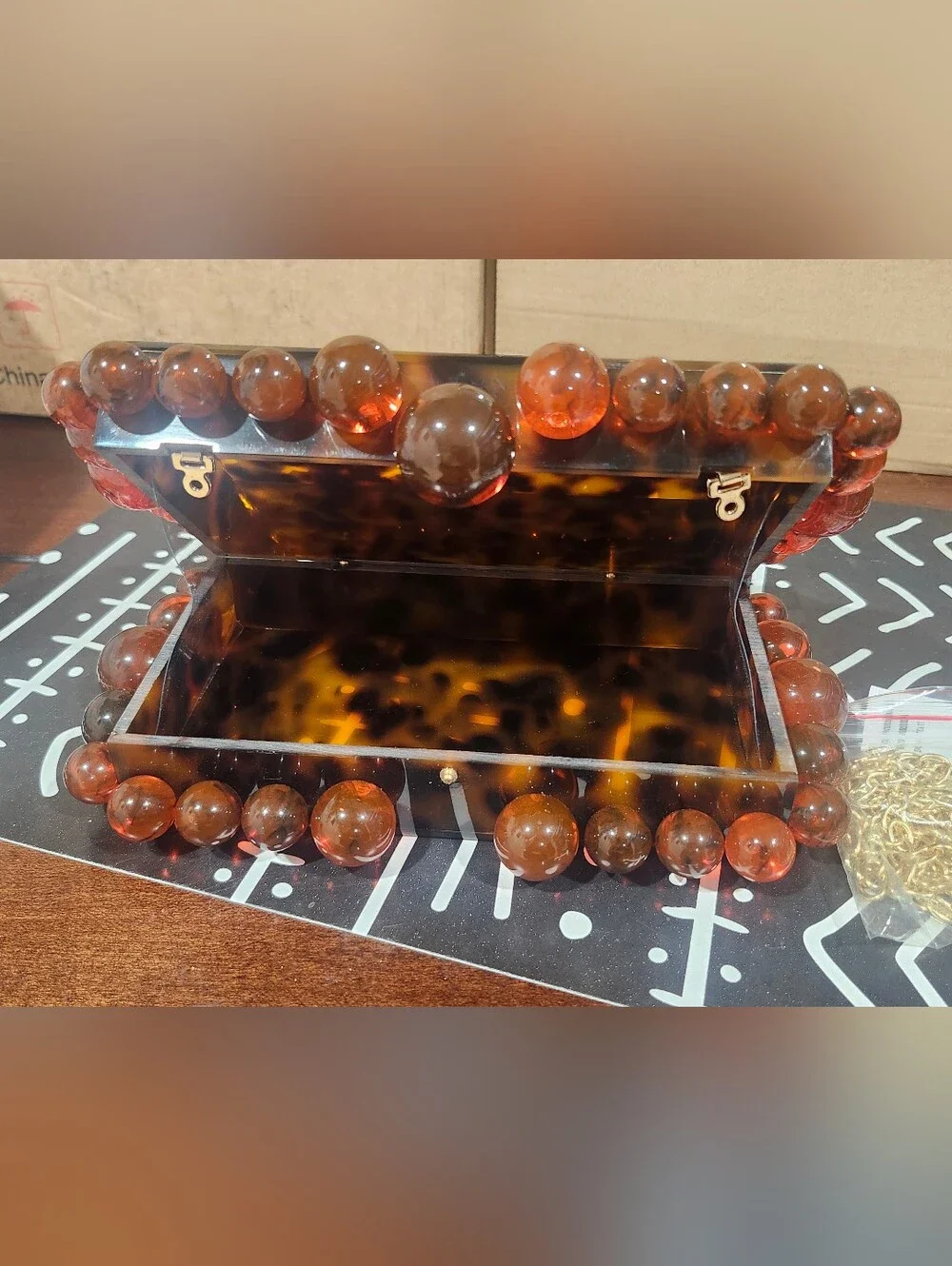 Tortoiseshell Acrylic Box Clutch Bag with Amber Bead Trim With Detachable Chain